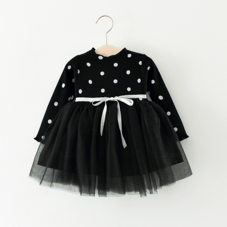 Rochițe toamnă - iarnă - Rochie neagră cu buline albe și fustă din tulle