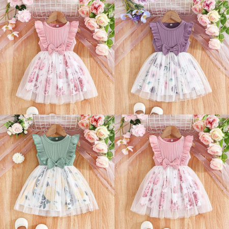 Rochie roz cu volane, fundita si tulle cu floricele [1]