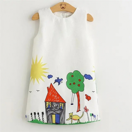 Rochițe primăvară - vară - Rochie alba texturata cu desen colorat