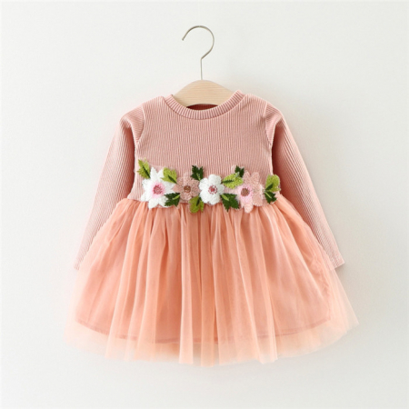 Rochițe de ocazie - Rochie piersică manecă lungă cu tulle și flori în talie