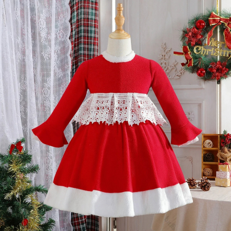 Rochițe toamnă - iarnă - Rochie rosie cu maneci lungi evazate si talie evidentiata cu broderie