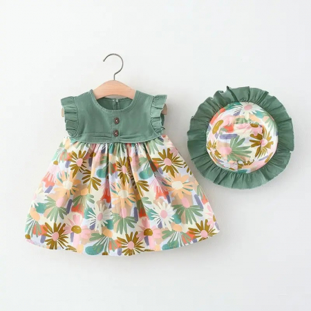 Rochițe primăvară - vară - Rochie verde cu floricele si palarie asortata
