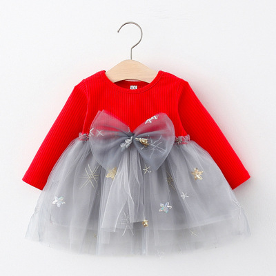 Rochițe toamnă - iarnă - rochie-rosie-cu-tulle-gri-cu-stelute-si-funda.jpg