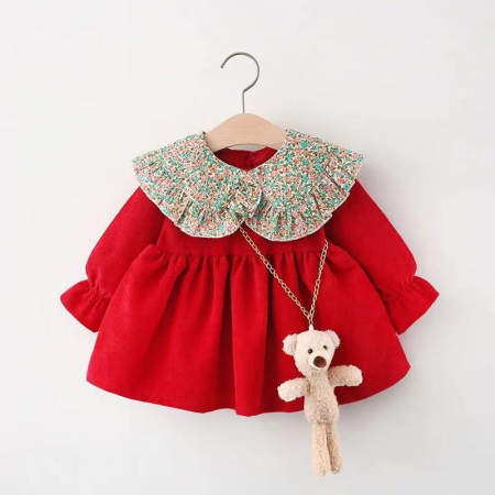 Rochițe toamnă - iarnă - Rochie roșie cu guler cu model și ursuleț inclus