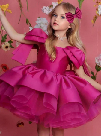 Rochie fucsia de ocazie cu falduri si funde pe umeri [2]