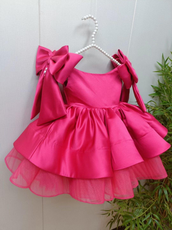 Rochie fucsia de ocazie cu falduri si funde pe umeri [3]