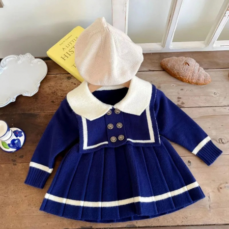 Rochie bleumarin din pulover model parizian cu guler si nasturi [3]