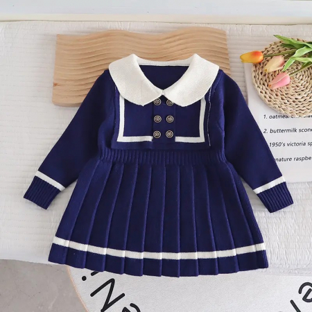 Rochițe toamnă - iarnă - Rochie bleumarin din pulover model parizian cu guler si nasturi
