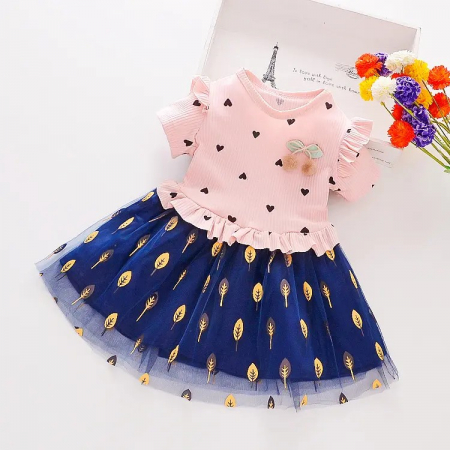 Rochițe primăvară - vară - Rochie roz cu inimioare si tulle bleumarin