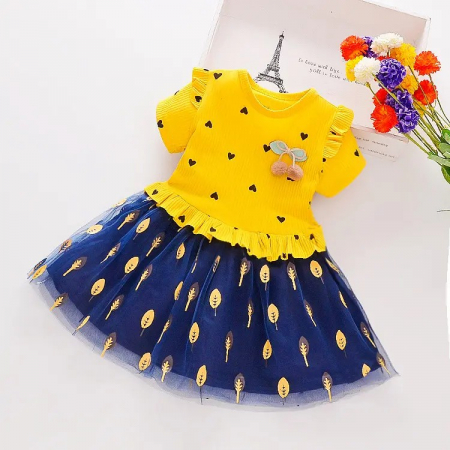 Rochițe primăvară - vară - Rochie galbena cu inimioare si tulle bleumarin