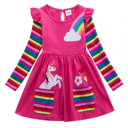 Rochițe toamnă - iarnă - rochie-fucsia-cu-maneca-lunga-curcubeu-si-unicorn.jpg