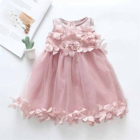Rochie roz de botez cu aplicatii si tulle [3]