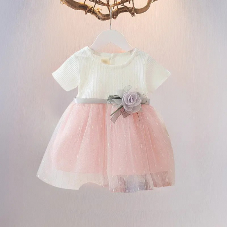 Rochițe de ocazie - Rochie alba de botez cu trandafir in talie si tulle