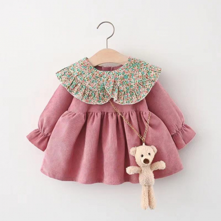 Rochițe toamnă - iarnă - Rochie roz cu guler cu model și ursuleț inclus