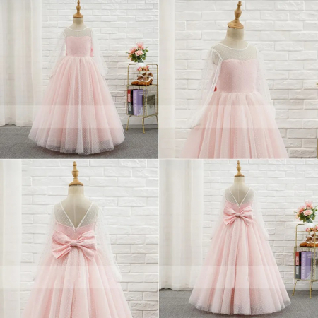 Rochie eleganta roz cu bulinute, maneci transparente si fusta din tulle [4]