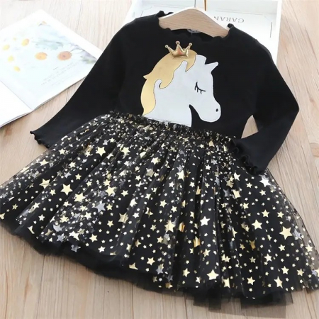 Rochițe toamnă - iarnă - Rochie neagra cu unicorn si fusta din tulle cu stelute aurii