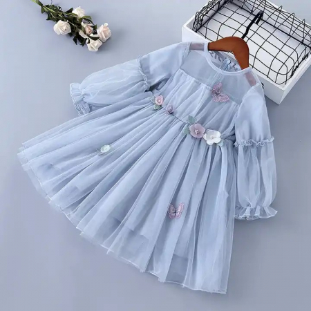 Rochițe de ocazie - Rochie bleu de printesa cu aplicatii si sectiuni transparente