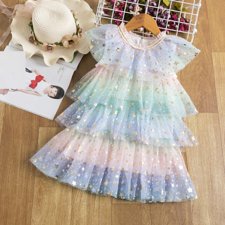 Rochițe de ocazie - Rochie curcubeu de printesa cu volane din tulle si sectiuni transparente