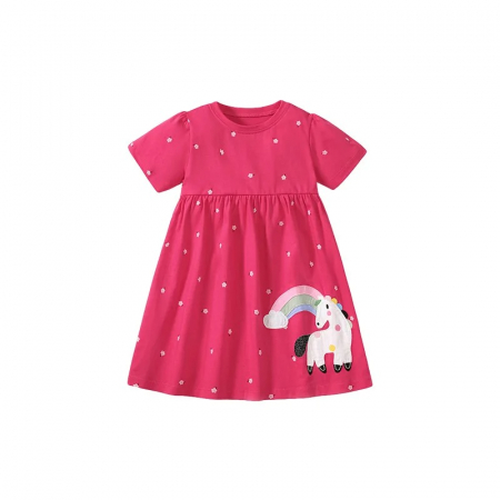 Rochițe primăvară - vară - Rochie magenta de vara cu unicorn si curcubeu