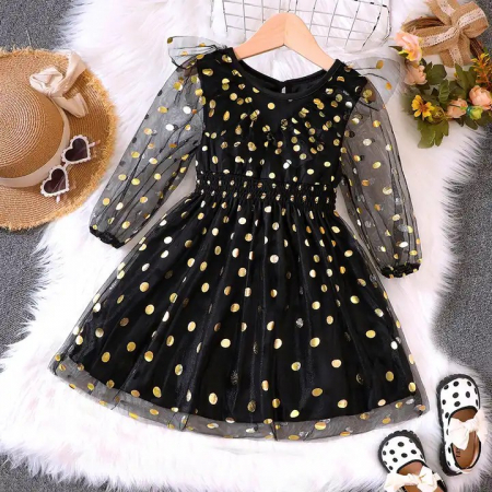 Rochițe de ocazie - Rochie eleganta neagra de voal cu bulinute aurii
