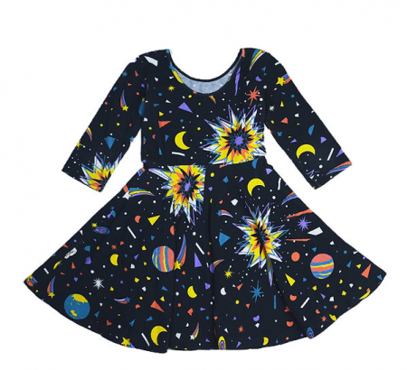 Premium - Rochie skater Ludic din bumbac organic, albastra cu stele Little Big Bang