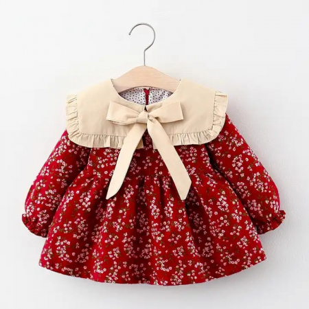 Rochițe toamnă - iarnă - Rochie rosie cu guler contrast si fundita