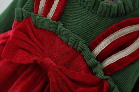 Rochie de catifea raiata rosie cu verde cu urechi de iepuras [2]