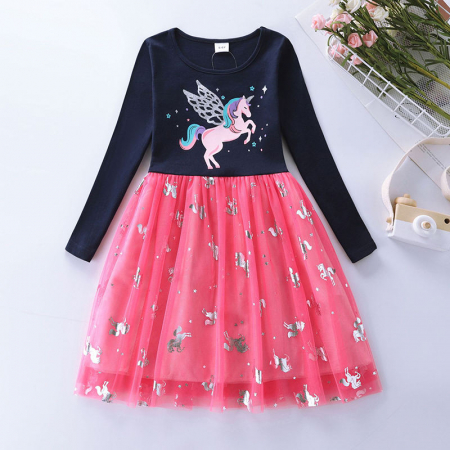Rochițe toamnă - iarnă - Rochie cu unicorni si fusta din tulle roz cu argintiu