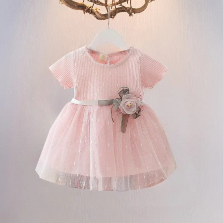 Rochițe de ocazie - Rochie roz de botez cu trandafir in talie si tulle