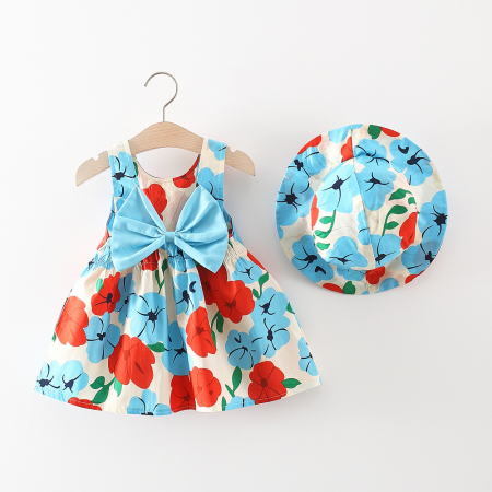 Rochițe primăvară - vară - rochita-de-vacanta-cu-flori,-funda-bleu-si-palarie-asortata-inclusa.jpg