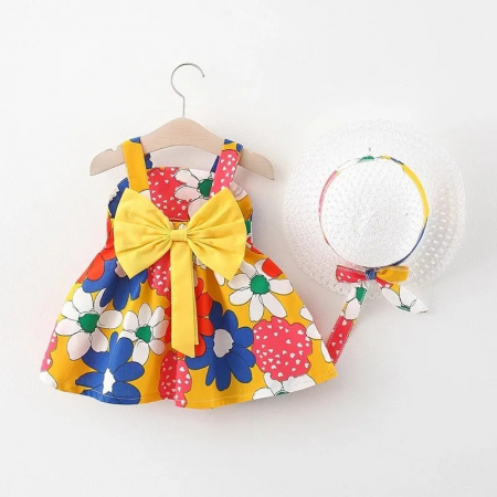 Rochițe primăvară - vară - rochita-de-vacanta-cu-flori-colorate-funda-galbena-si-palarie-inclusa.jpg