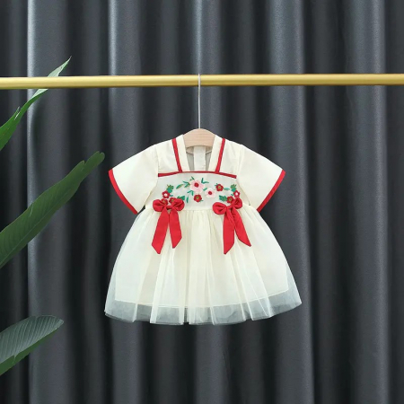 Rochițe de ocazie - Rochie ivoire cu floricele, fundite rosii si tulle