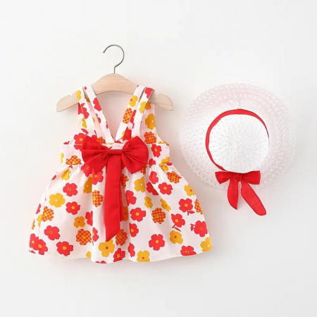 Rochițe primăvară - vară - rochie-de-vacanta-cu-flori-colorate-funda-rosie-si-palarie-inclusa.jpg