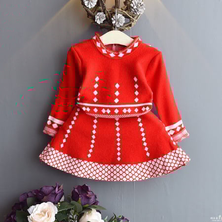 Rochițe toamnă - iarnă - Rochiță roșie de iarnă cu model festiv