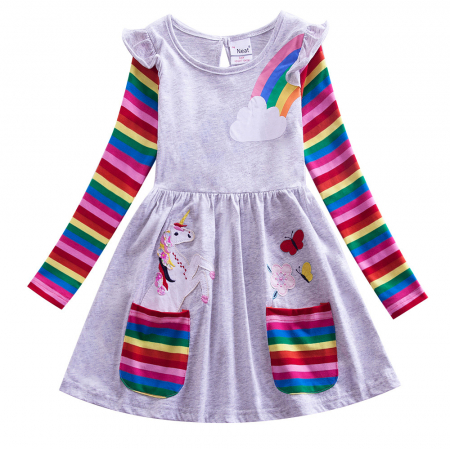 Rochițe toamnă - iarnă - Rochie gri cu mânecă lungă curcubeu și unicorn
