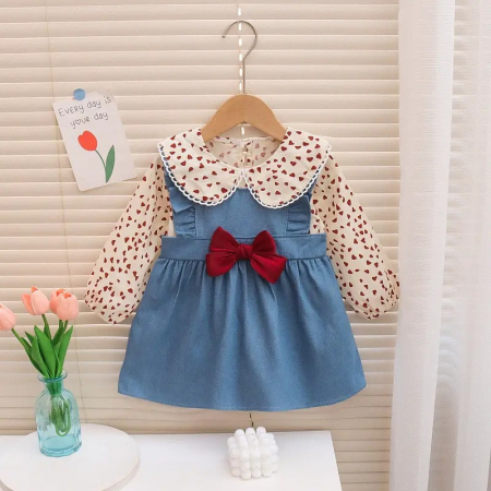 Rochițe toamnă - iarnă - Rochita denim cu guler si inimioare rosii