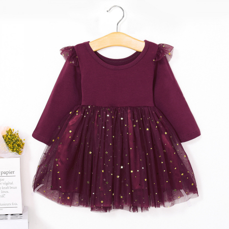 Rochițe toamnă - iarnă - Rochiță vișinie cu tulle cu steluțe