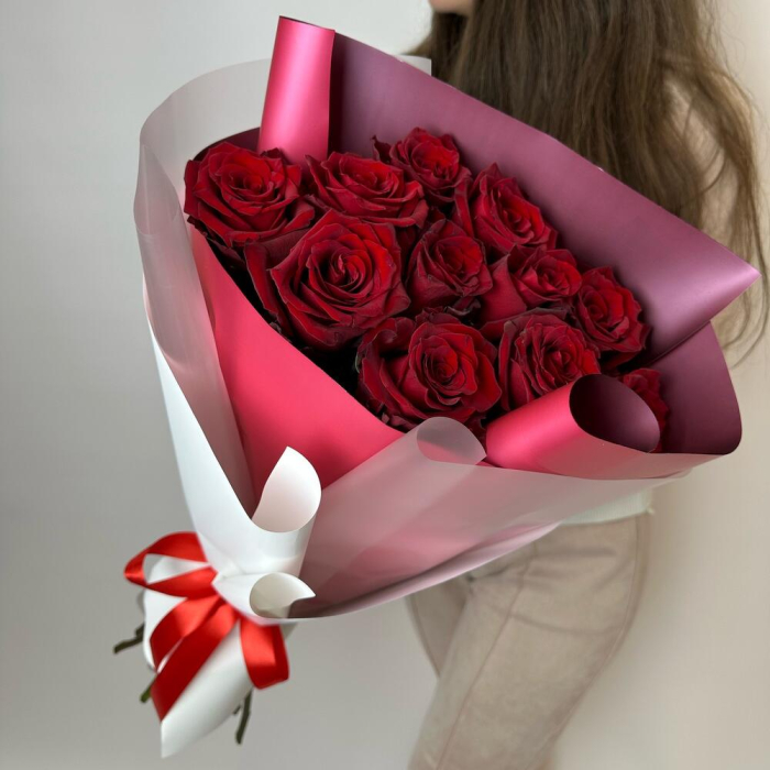 Buchet din 11 Trandafiri Roșii Premium Înalți H 80-90cm [6]