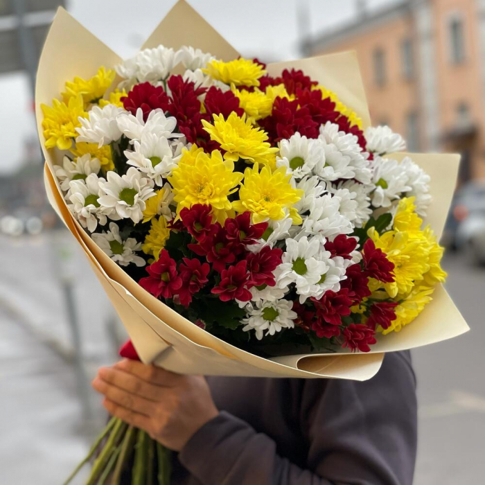 Buchet din 15 Crizanteme Albe, Roșii și Galbene [5]