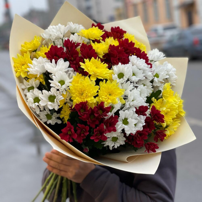 Buchet din 15 Crizanteme Albe, Roșii și Galbene [2]