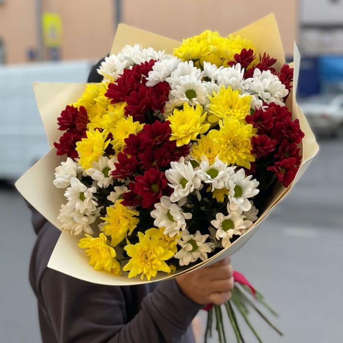 Buchet din 15 Crizanteme Albe, Roșii și Galbene [4]