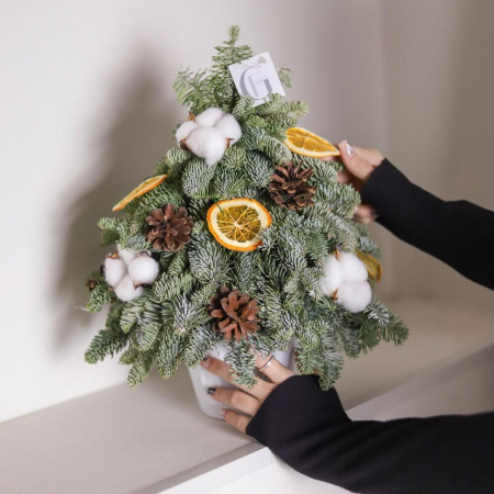 Brazi Naturali de Crăciun - Brad de Craciun cu bumbac, conuri de pin si portocala