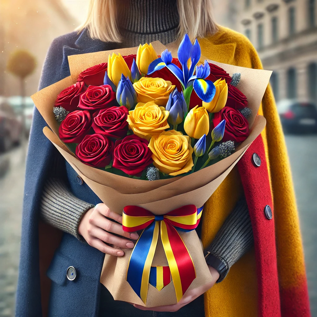 Ziua Națională a României - Buchet Tricolor cu Trandafiri, Lalele și Iriși