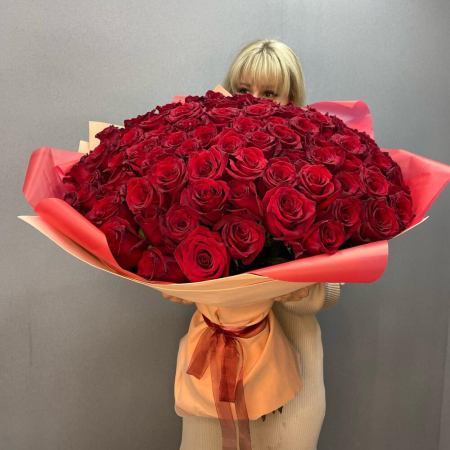 Buchet din 101 Trandafiri Roșii Premium Înalți H 80-90cm [4]