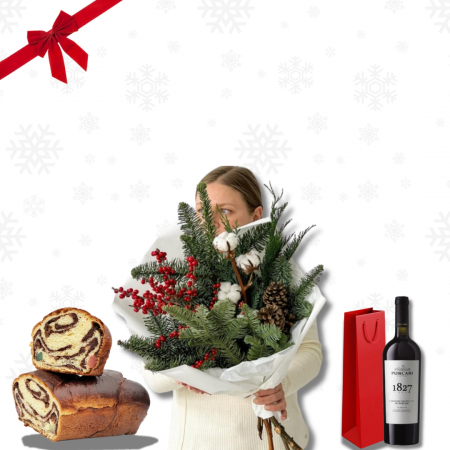 Surprize de Crăciun - Buchet de Crăciun, Vin Roșu și Cozonac