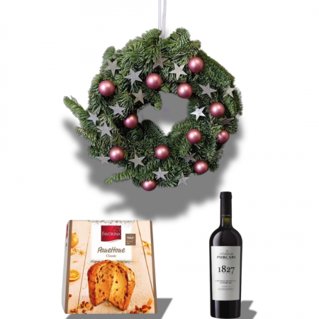 Coronițe de Crăciun - Cadou de Crăciun Coroniță, Vin Roșu Purcari și Panettone