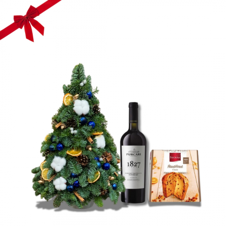 Surprize de Crăciun - Cadou cu Brad de Crăciun, Vin Roșu Purcari și Panettone
