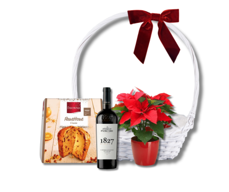 Coșuri de Crăciun - Coș Cadou de Crăciun cu Panettone, Vin Purcari și Poinsettia