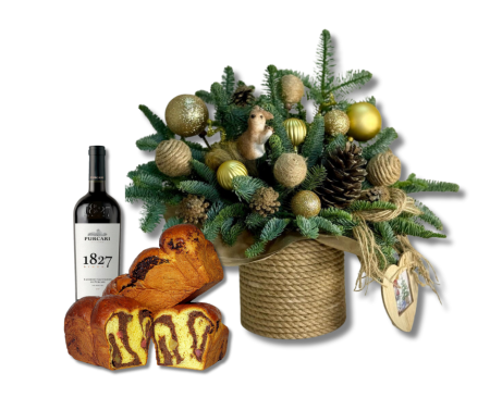 Coșuri de Crăciun - Cadou de Crăciun cu Aranjament, Cozonac și Purcari