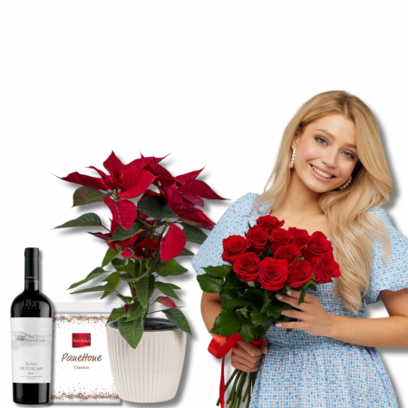 Surprize de Crăciun - Buchet din Trandafiri Roșii, Vin Roșu, Crăciuniță și Panettone
